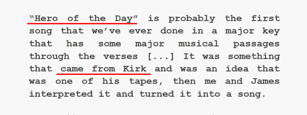 Kirk Hammett wrote Hero of the Day riff
